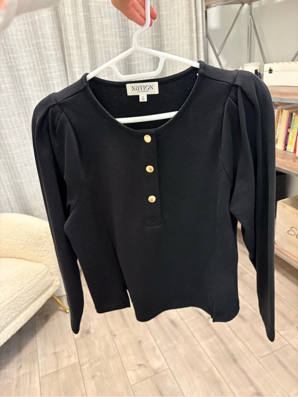 Nation Black Puff Shoulder top with Gold Buttons